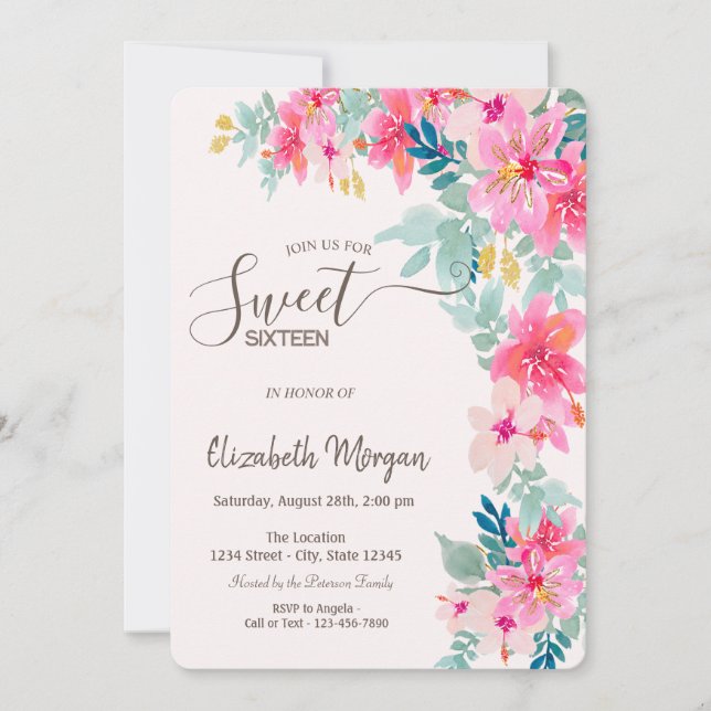 Convites Flores de Primavera em Aquarela Sweet 16 (Frente)