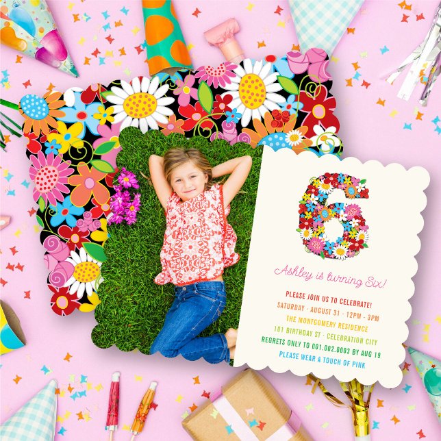 Convites Flores de primavera Número Seis 6 no Aniversário F (Spring Flowers Number Six Girl 6th Birthday Photo Invitation @ fat_fa_tin)
