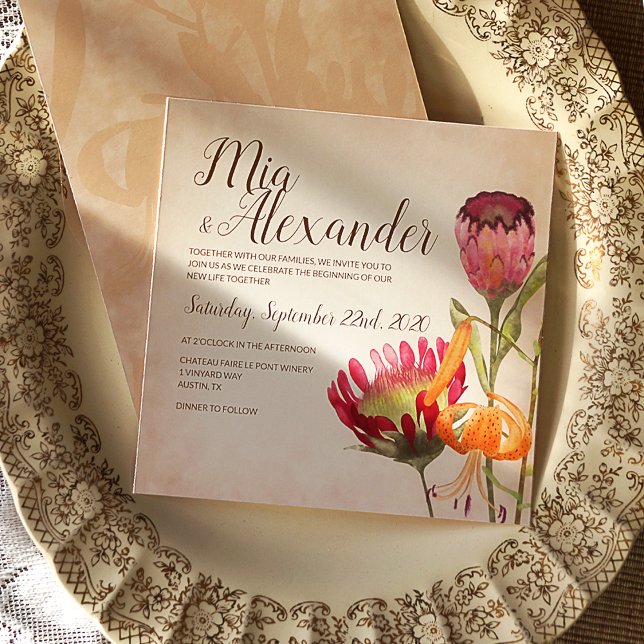 Convites Flores de proteína rosa e Casamento de Lily Tigre (Fall Wedding Invitation with Pink Protea Flowers and an Orange Tiger Lily)