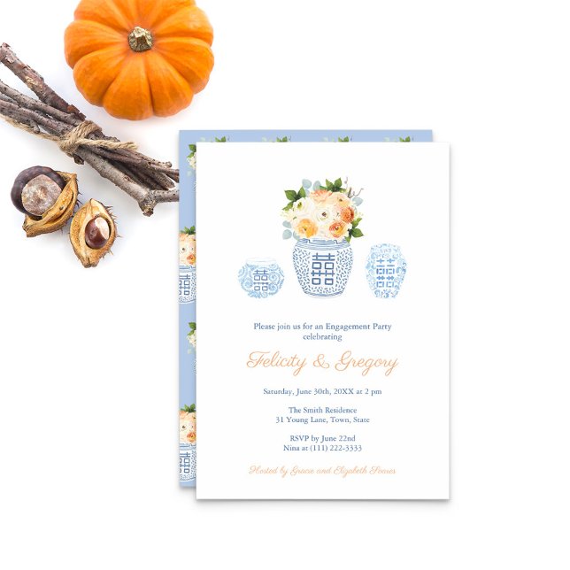 Convites Flores de queda Elegante Festa de noivado de ferru (Elegant engagement party invitation featuring a ginger jar filled with autumn flowers and pumpkins)
