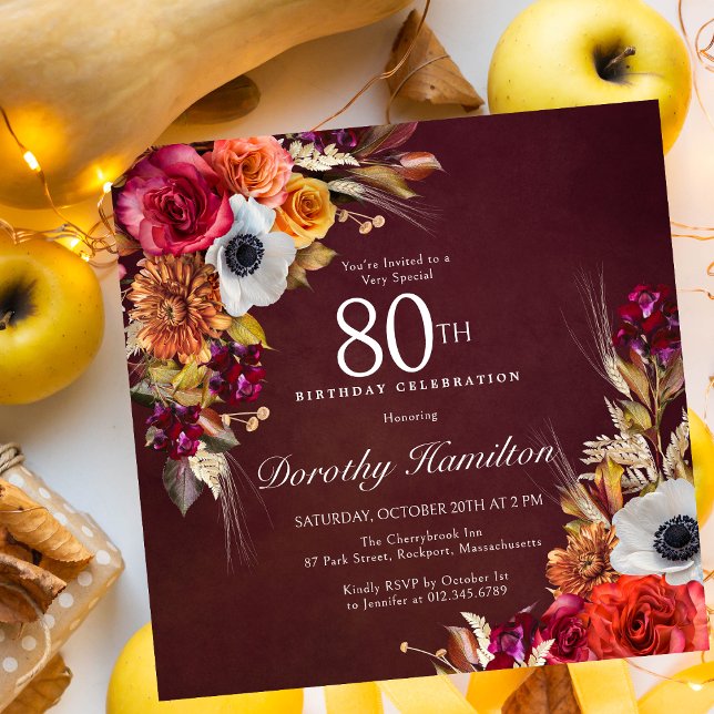 Convites Flores de Queda Vermelha Burgundy Script 80 Aniver (Vibrant 80th Birthday Square Autumn Invitation. )