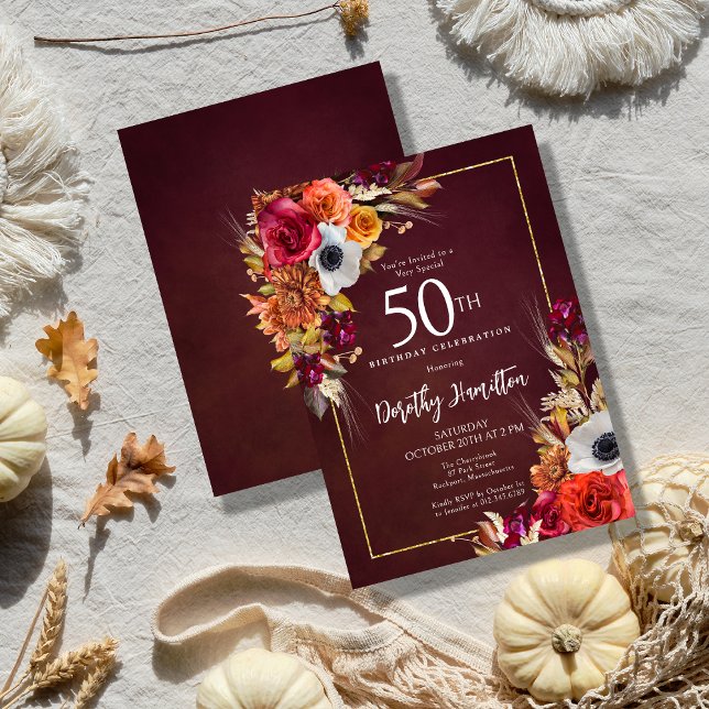 Convites Flores de Quedas Burgundy - Escrita Legante 50º An (Fall Flowers and a Burgundy Red Background Create a Dramatic 50th Birthday Invitation)