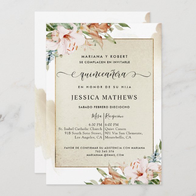 Convites Flores de Quinceañera em tons de Espanhol, Champan (Frente/Verso)