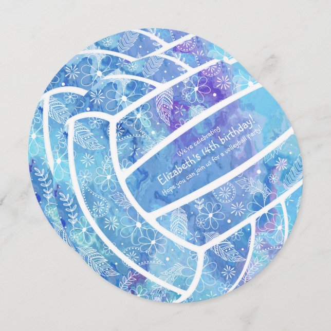 Convites Flores de rabo penas voleibol azul (Frente/Verso)