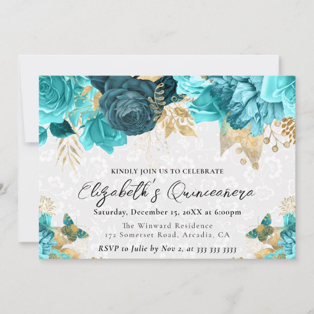 Convites Flores de Teal e Dourado em Aquarela Quinceanera (Frente)