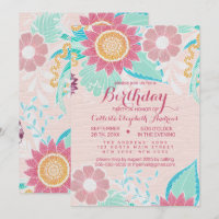 Flores De Teal Rosa Deixam Óleo Pintado Aniversári