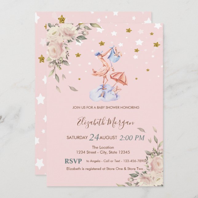 Convites Flores de Tempestade,Chá de fraldas de Estrelas (Frente/Verso)