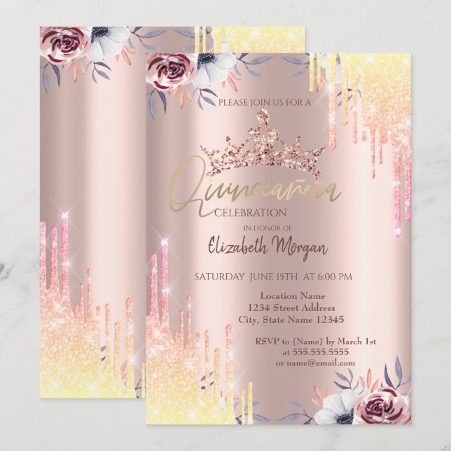 Convites Flores de Tiara Rose Gold Quinceañera (Frente/Verso)