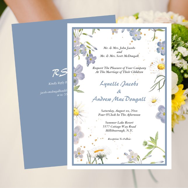Convites Flores de Verão Casamento Azul com RSVP (Summer Flowers Blue Wedding with RSVP Invitation)