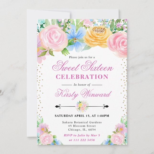 Convites Flores de Verão rosa e amarela são doces dezesseis (Frente)