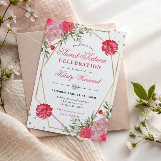 Convites Flores de Verão Rosa e Bege em Moldura Dourada Doc (Criador carregado)