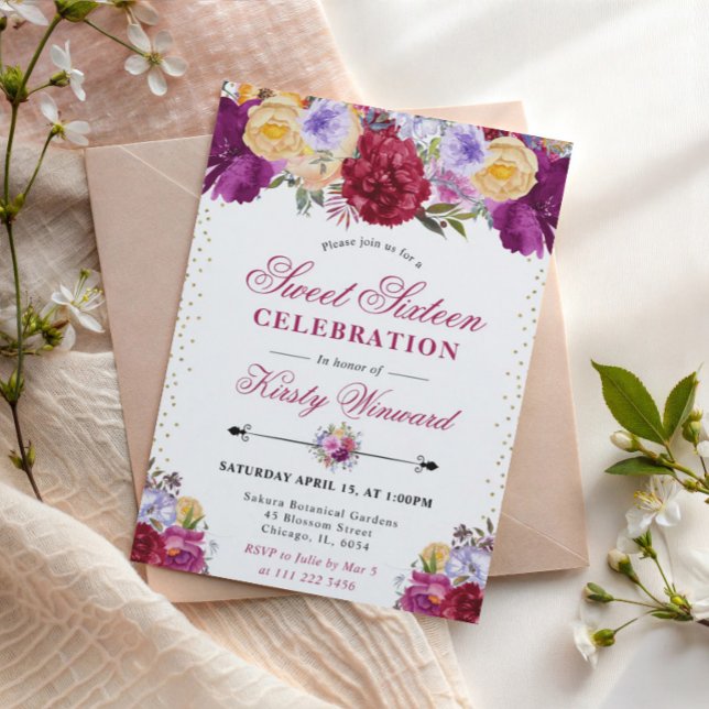 Convites Flores de Verão Roxas e Vermelhas Sweet Sixteen (Criador carregado)