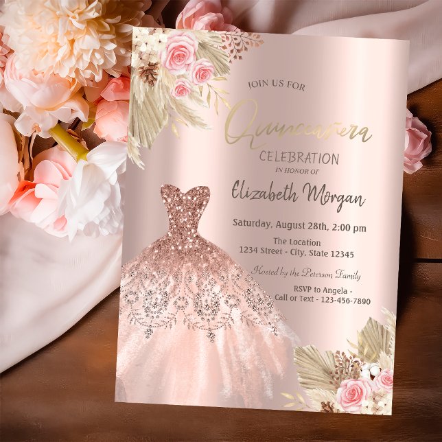 Convites Flores de Vestido com rosa Dourada Quinceañera (Criador carregado)