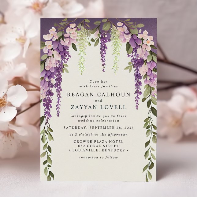 Convites Flores de Wisteria Roxa Vegetação Moderna Casament (Criador carregado)