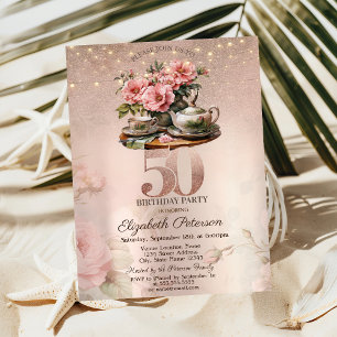 Convites Flores de Xícara de Chá Brilho Dourado Rosa 50º An