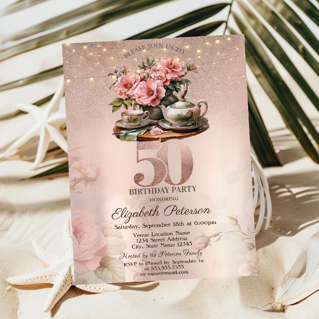 Convites Flores de Xícara de Chá Brilho Dourado Rosa 50º An (Criador carregado)