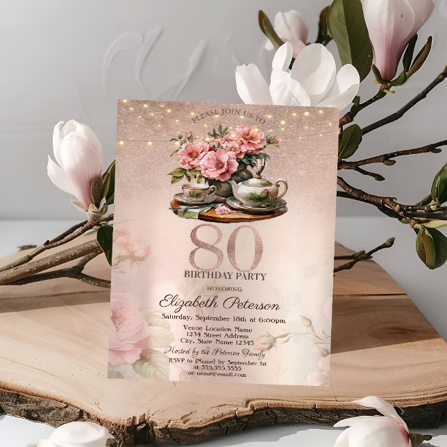 Convites Flores de Xícara de Chá Brilho Dourado Rosa Aniver (Criador carregado)