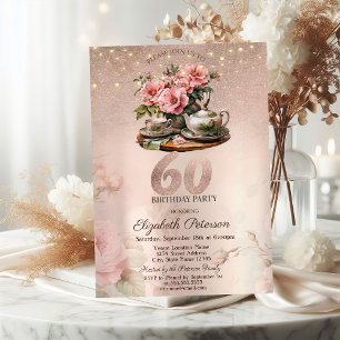 Convites Flores de Xícara de Chá Brilho Dourado Rosa Aniver