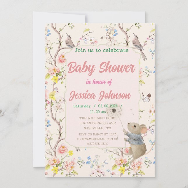 Convites flores delicadas e folhas em estilo chinês (Frente)