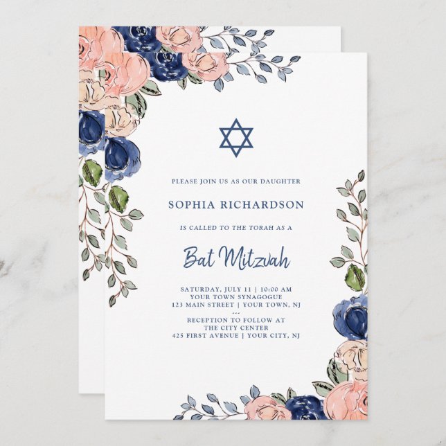 Convites Flores Desenhadas à Mão e Marinho | Bat Mitzvah (Frente/Verso)