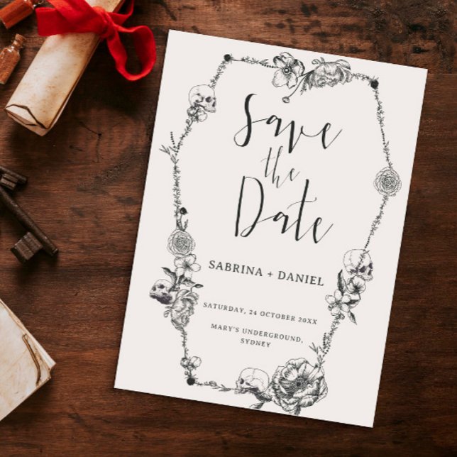 Convites Flores desenhadas à mão gótica Caveira Salvar a da (Criador carregado)