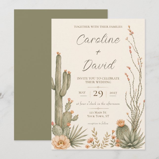 Convites Flores Desérticas de Cactus Floral Casamento (Frente/Verso)