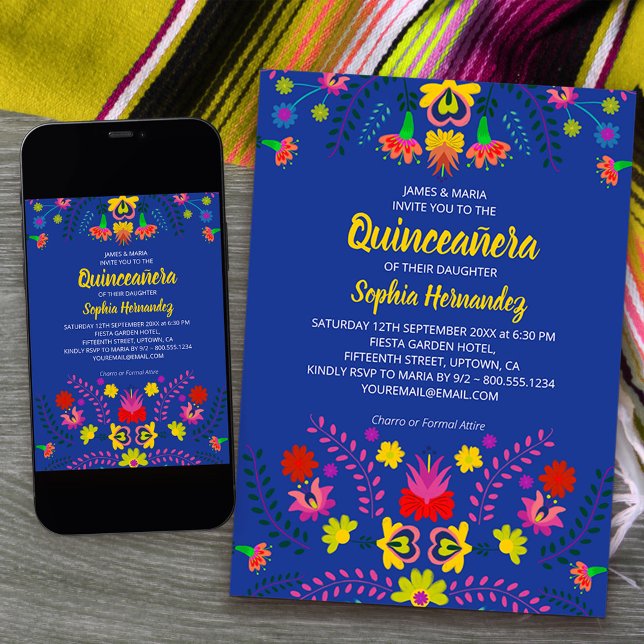 Convites Flores do Partido Fiesta Mexicano Blue Quinceanera (Quinceanera Invitation from my Mexican Fiesta Party collection - order printed or printable download)