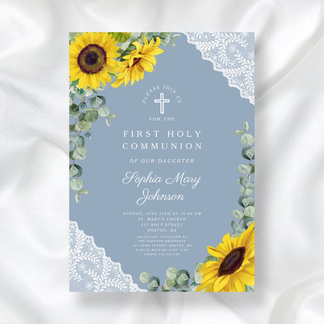 Convites Flores do Sol Azuis Elegantes Primeira Comunhão Sa (Elegant Blue Sunflowers First Holy Communion Invitation)