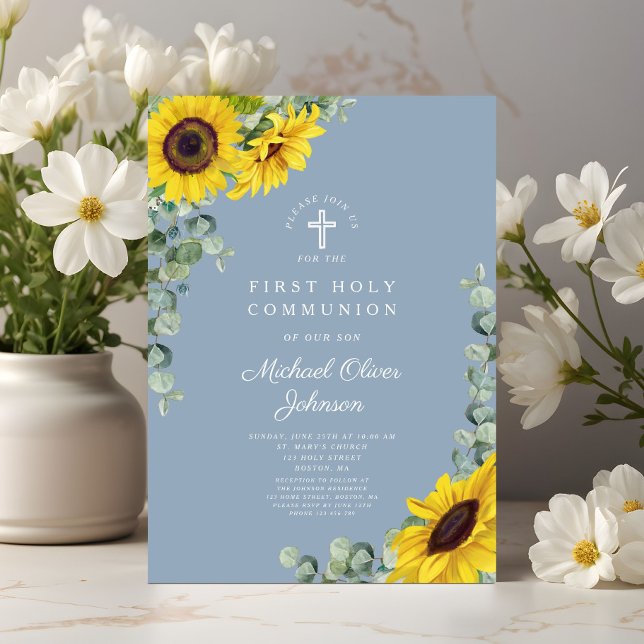 Convites Flores do Sol Azuis Moderno Primeira Comunhão Sagr (Modern Blue Sunflowers First Holy Communion Invitation)