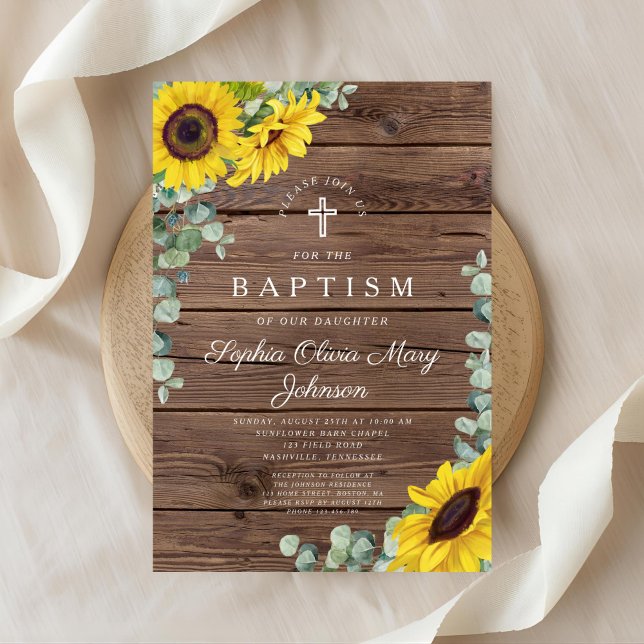 Convites Flores do Sol Elegantes Cruzam Batismo (Elegant Sunflowers Cross Baptism Invitation)