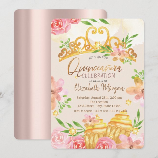 Convites Flores,Doces,Rosa Dourada Quinceañera (Frente/Verso)