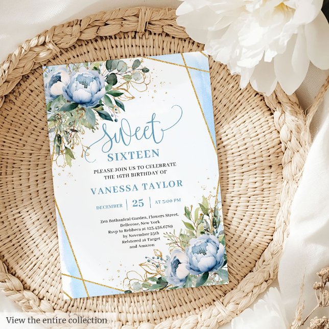 Convites Flores Douradas Azuis Azuis  Brilhantes Doce 16 (Glitter Dusty Blue White Gold Flowers Sweet 16 Invitation)