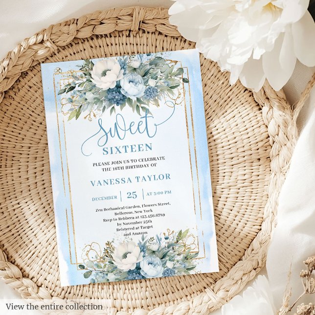 Convites Flores Douradas Azuis Azuis , Fairytale Doce 16 (Fairytale Dusty Blue White Gold Flowers Sweet 16 Invitation)