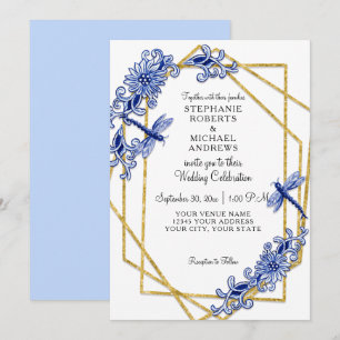 Convites Flores Douradas Azuis Chinesas Aquarela