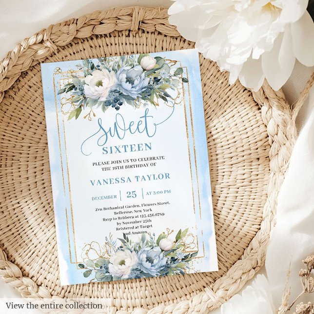 Convites Flores Douradas, Azuis, Luxuosas, Azuis, Brancas D (Luxurious Dusty Blue White Gold Flowers Sweet 16 Invitation)