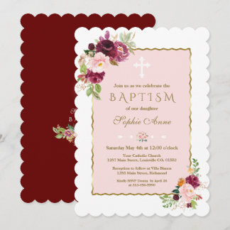 Convites Flores Douradas Baptism Luxury Pink Burgundy Saffr