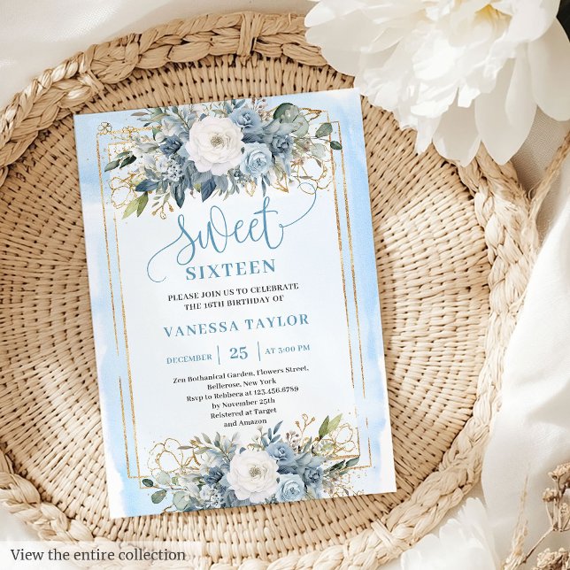 Convites Flores Douradas, bonito, Azuis, Azuis, Doçosas 16 (Pretty Dusty Blue White Gold Flowers Sweet 16 Invitation)
