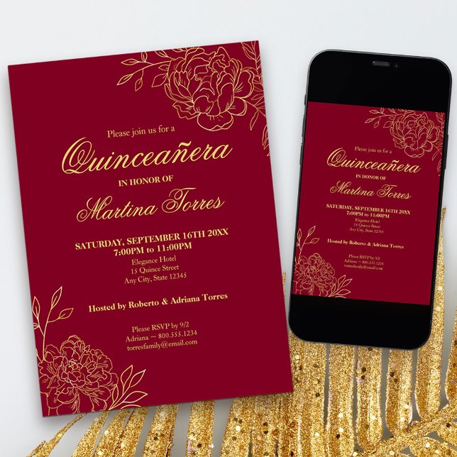 Convites Flores Douradas Burgundy Quinceanera Floral (Red and Gold Quinceanera Invitation, from my Gold Sketched Floral collection
)