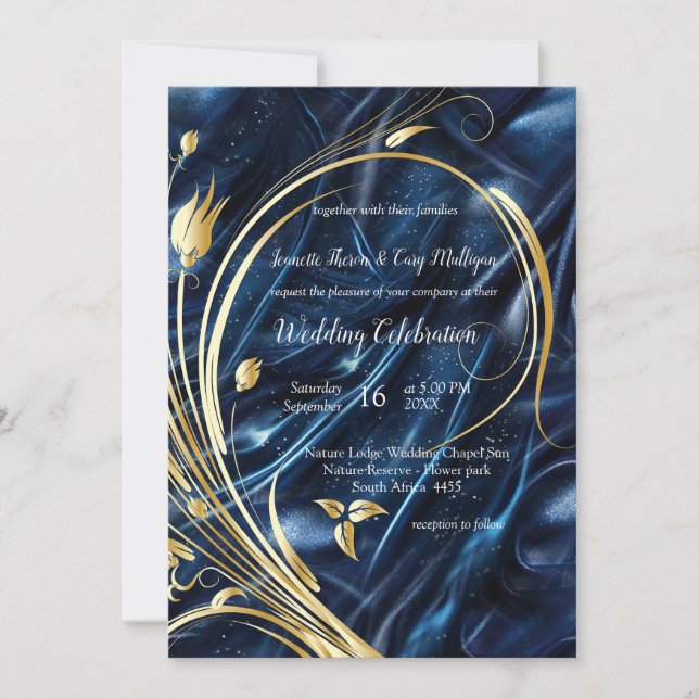Convites Flores Douradas de abstrato na Seda Azul Simmery (Frente)