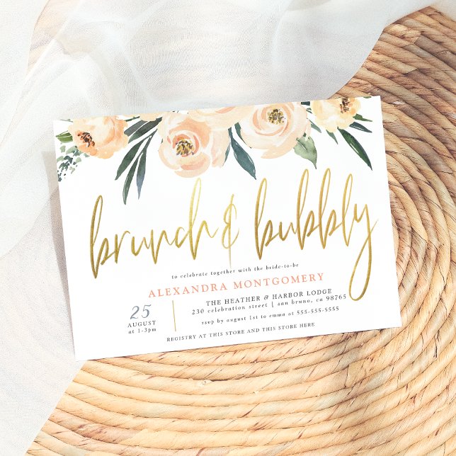 Convites Flores Douradas de Blush, Chá de panela Brunch e B (Criador carregado)