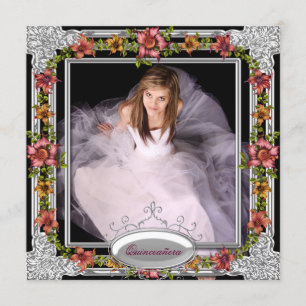 Convites Flores Douradas de Coral Rosa Foto Quinceanera