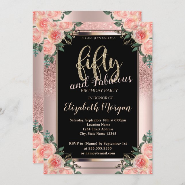 Convites Flores Douradas de Rosa quic 50.a Festa de anivers (Frente/Verso)