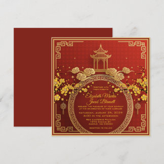 Convites Flores Douradas e Casamento Vermelho Chinês Pagoda