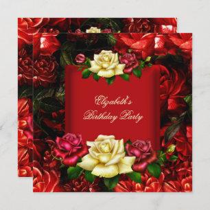 Convites Flores Douradas Elegante de Creme Vermelho Festa d