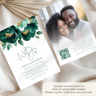 Convites Flores Douradas Esmeralda Foto Código QR Casamento