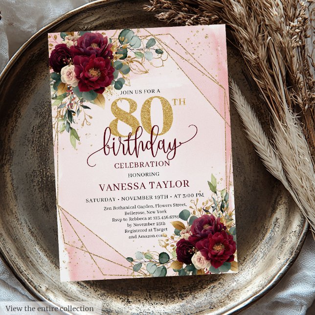 Convites Flores Douradas Glamorosas Vermelhas Espelhadas 80 (Glamorous Deep Red Blush Gold Flowers 80th Birthday Invitation)