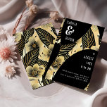 Convites Flores Douradas Negras  de Casamento de Arte Moder<br><div class="desc">Este Convite para Flores Douradas Pretas de Arte Moderna de Casamento de Arte Preta apresenta uma paleta a preto e dourado luxuosa com tipografia a preto e branco e sotaques botânicos tropicais. Perfeito para eventos noturnos, este convite personalizável dá o tom para uma celebração chic misturando curvas geométricas lisas com...</div>