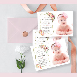 Convites Flores Douradas Rosa Blush Foto Baptism