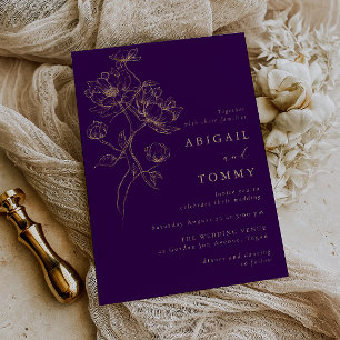 Convites Flores Douradas Roxas Casamento Moderno