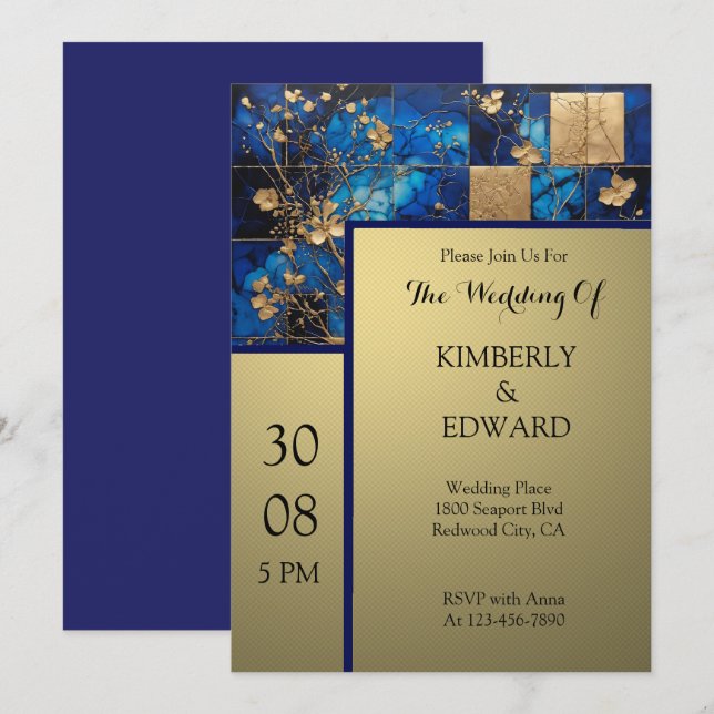 Convites Flores Douradas sobre Azul Meia-Noite (Frente/Verso)